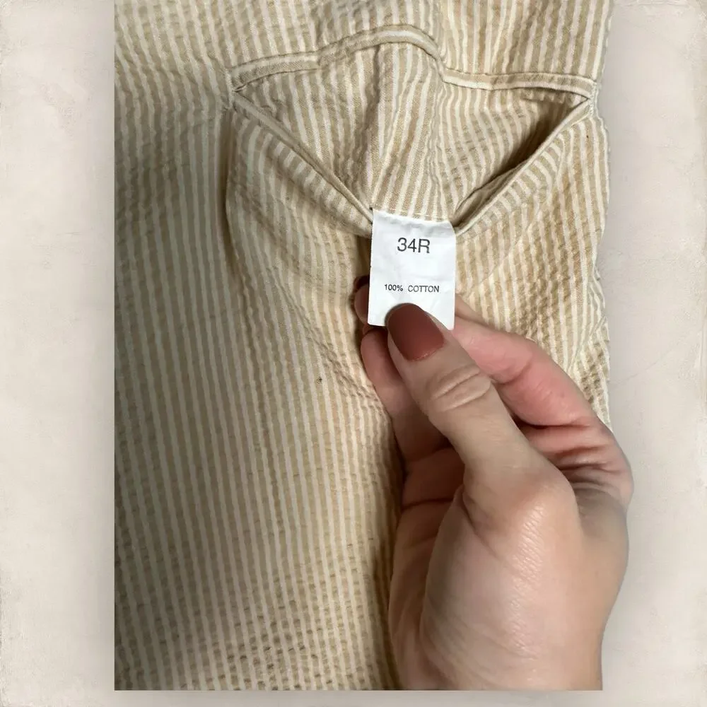 Jos A Bank Seersucker Trouser Pants Tan White Preppy Cuffed Pleated 34x28